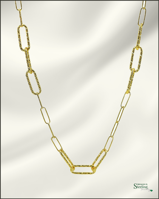 Sterling Silver Paperclip Link Diamond Cut Necklace in Gold