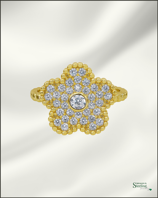 Sterling Silver Flower Ring with Cubic Zirconia in Gold