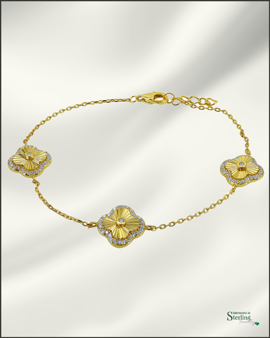 Sterling Silver Clover Station Bracelet with Cubic Zirconia in Gold