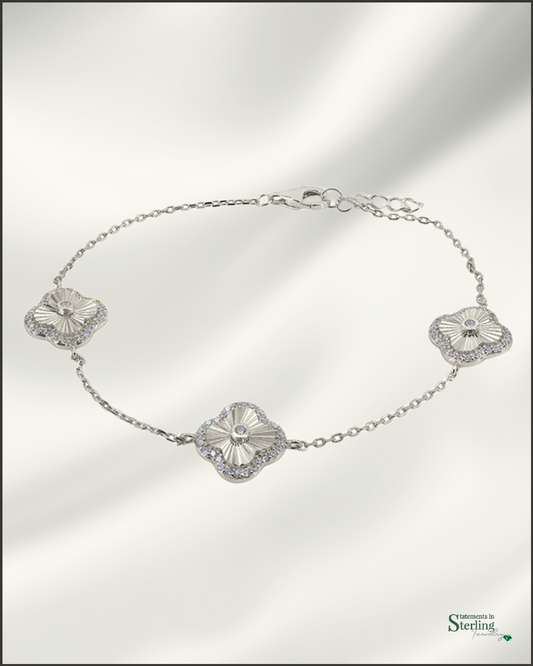 Sterling Silver Clover Station Bracelet with Cubic Zirconia in Rhodium