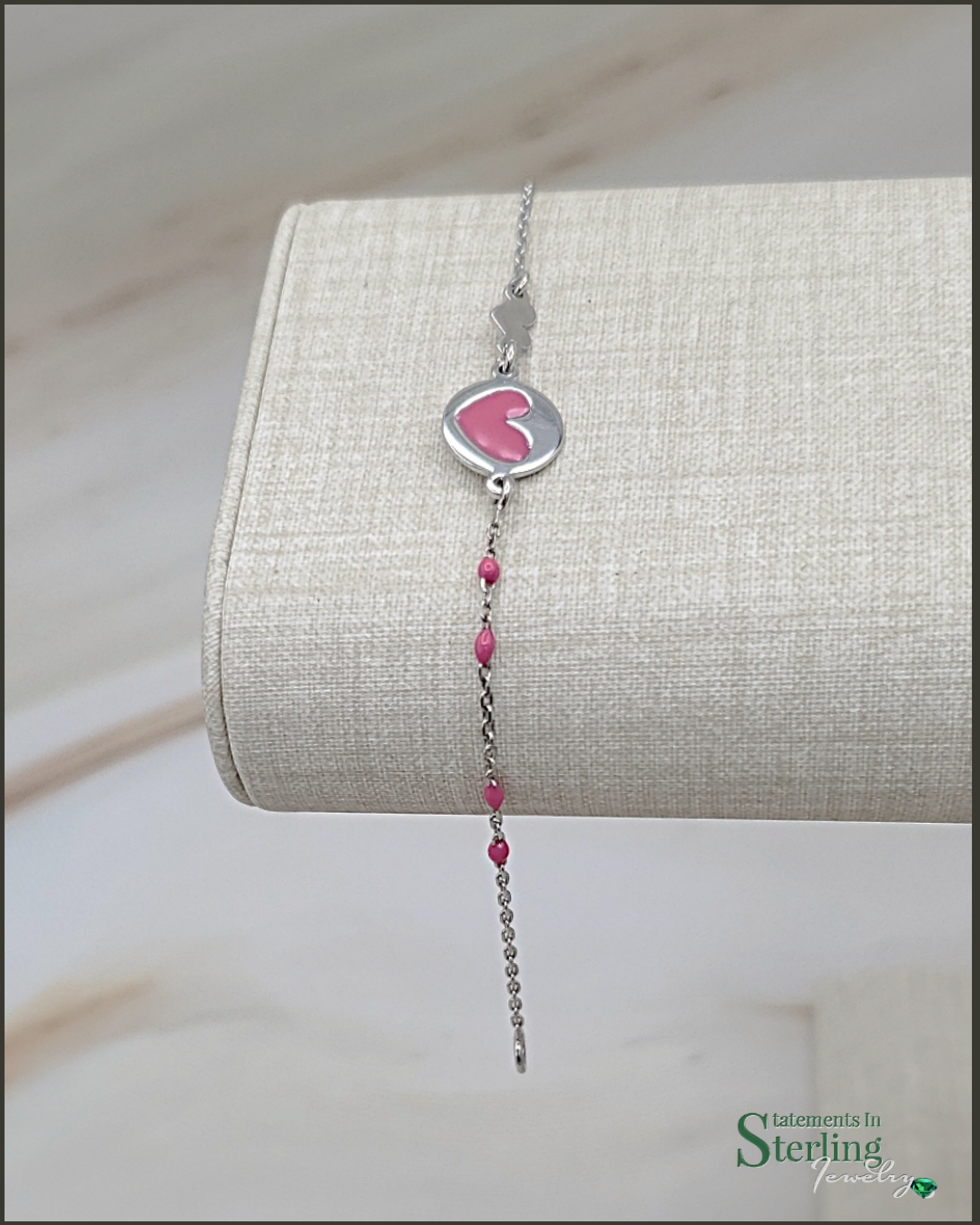Sterling Silver and Enamel Child's Heart Bracelet in Pink