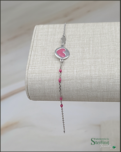 Sterling Silver and Enamel Child's Heart Bracelet in Pink