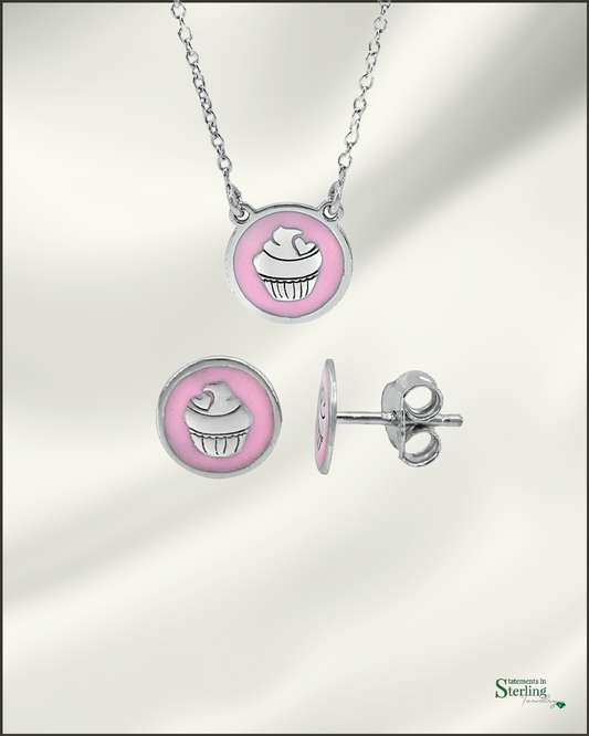 Sterling Silver Child's Cupcake Necklace and Earrings Set in Pink