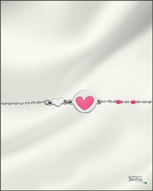 Sterling Silver and Enamel Child's Heart Bracelet in Pink