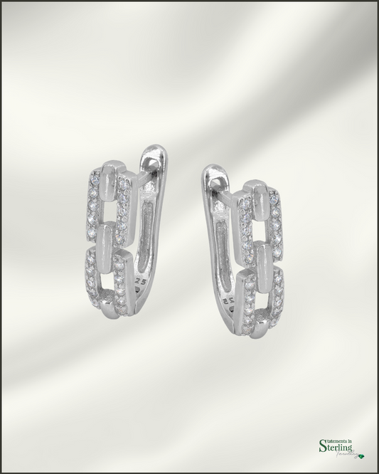 Sterling Silver Paperclip Link Sparkle Earrings in Rhodium