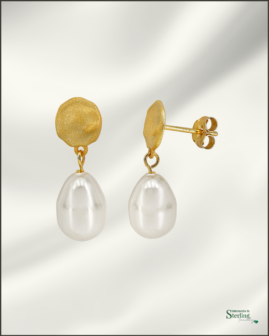 Sterling Silver Pearl Earrings in Hammered Gold