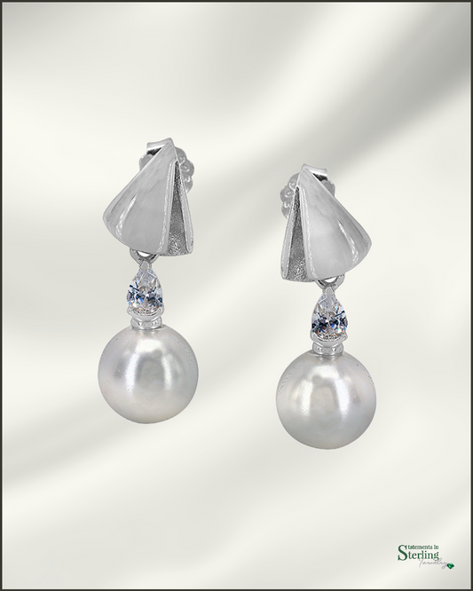 Sterling Silver Pearl and Cubic Zirconia Earrings in Rhodium