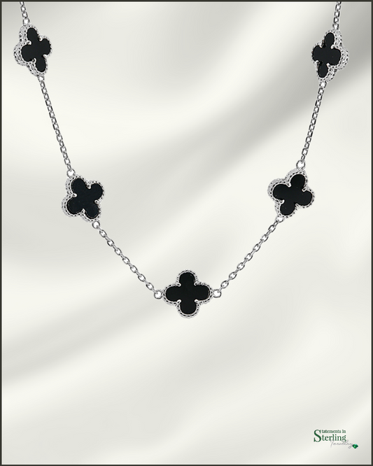 Sterling Silver Clover Necklace in Black Agate