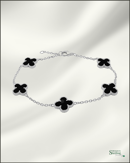 Sterling Silver Clover Bracelet in Black Agate