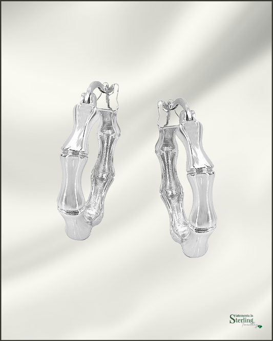 Sterling Silver Bamboo Style Hoop Earrings in Rhodium
