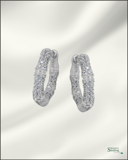Sterling Silver Bamboo Style Hoop Earrings with Cubic Zirconia in Rhodium
