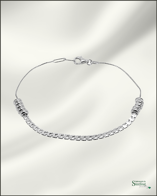 Sterling Silver Italian Double Link Rondelle Bead Bracelet in Rhodium