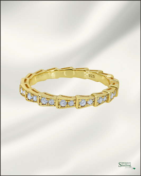 Sterling Silver Art Deco Ring Band with Cubic Zirconia in Gold