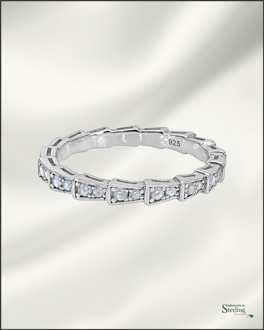 Sterling Silver Art Deco Ring Band with Cubic Zirconia in Rhodium