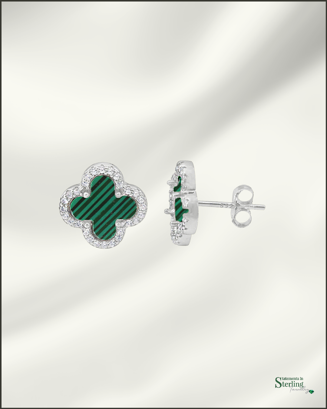 Sterling Silver Clover Stud Earrings in Malachite
