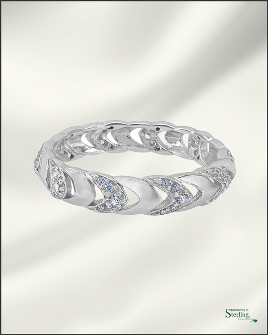 Sterling Silver Chevron Eternity Band Ring with Cubic Zirconia in Rhodium