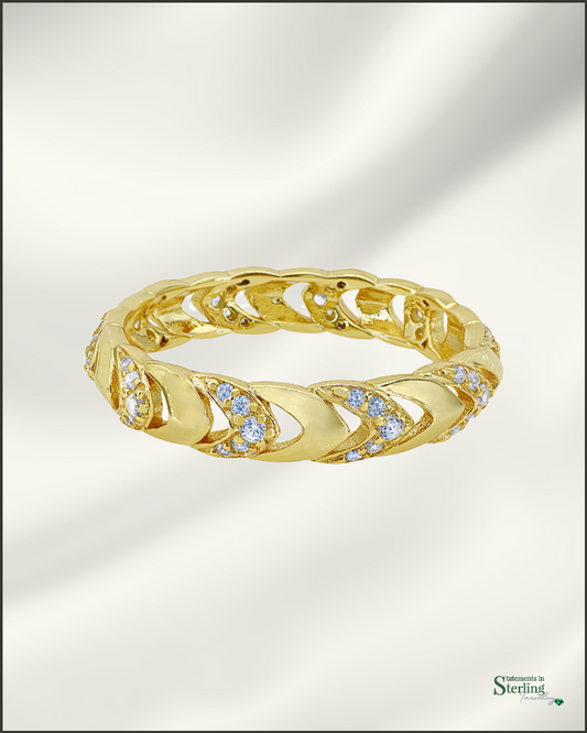 Sterling Silver Chevron Eternity Band Ring with Cubic Zirconia in Gold