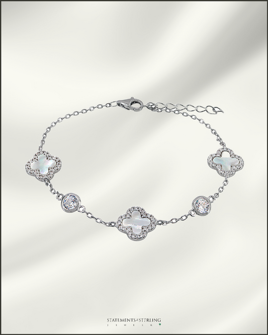 Sterling Silver Clover and Cubic Zirconia Bracelet in Pearl