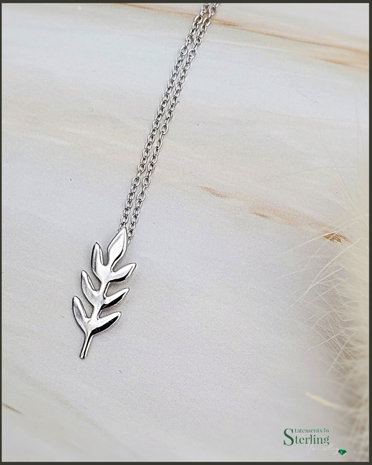 Sterling Silver Petite Leaf Necklace in Rhodium