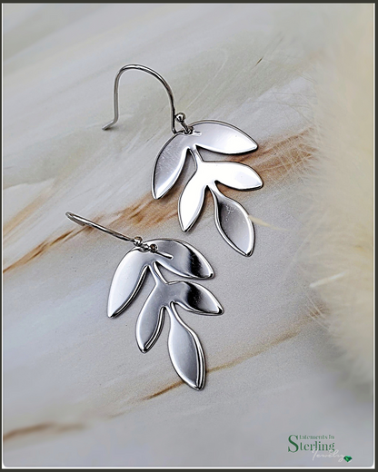 Sterling Silver Leaf Earrings in Rhodium