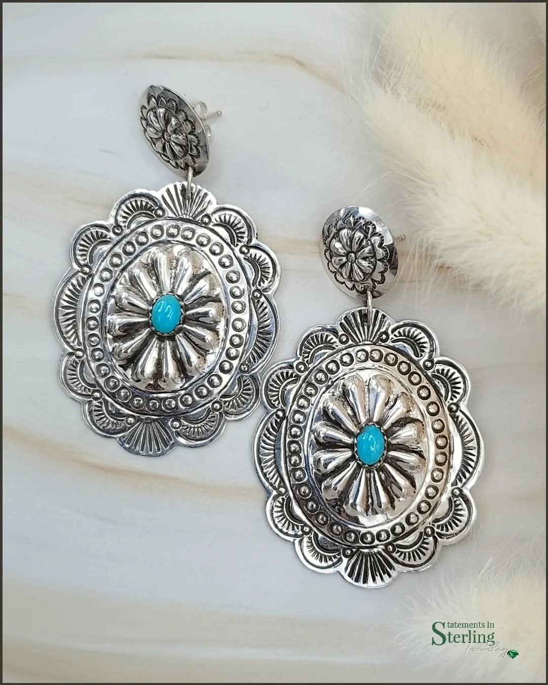 Sleeping Beauty Turquoise and Sterling Silver Concho Earrings by Genevieve Blackgoat