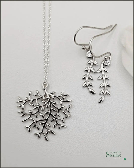 Sterling Silver Olive Leaf Earrings with Cubic Zirconia Accents