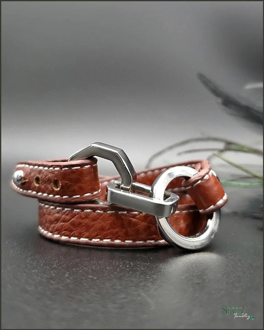 Leather and Stainless Steel Double Wrap Bracelet in Brown