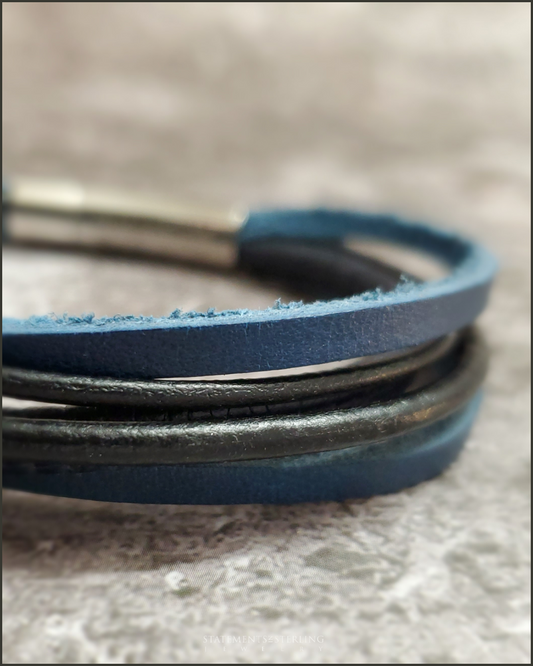 Rimanchik XYZ Leather and Stainless Steel Bracelet in Blue Leather