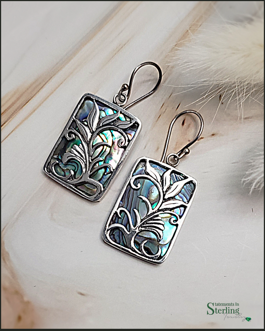 Abalone Shell and Sterling Silver Leafy Scroll Earrings