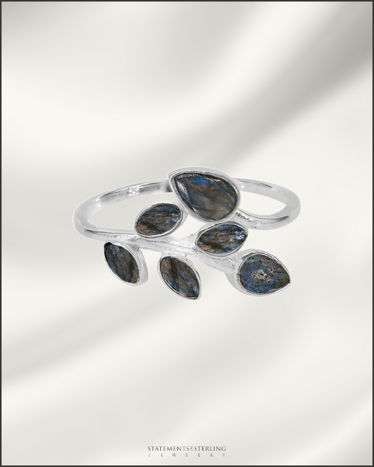 Gemstone and Sterling Silver Leaves Ring in Labradorite