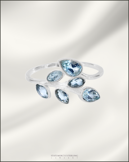 Gemstone and Sterling Silver Leaves Ring in Blue Topaz