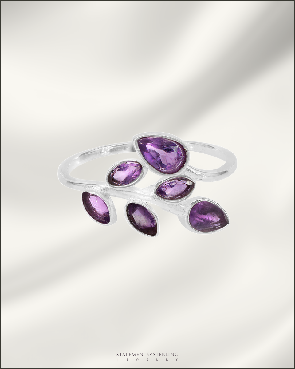Gemstone and Sterling Silver Leaves Ring in Amethyst