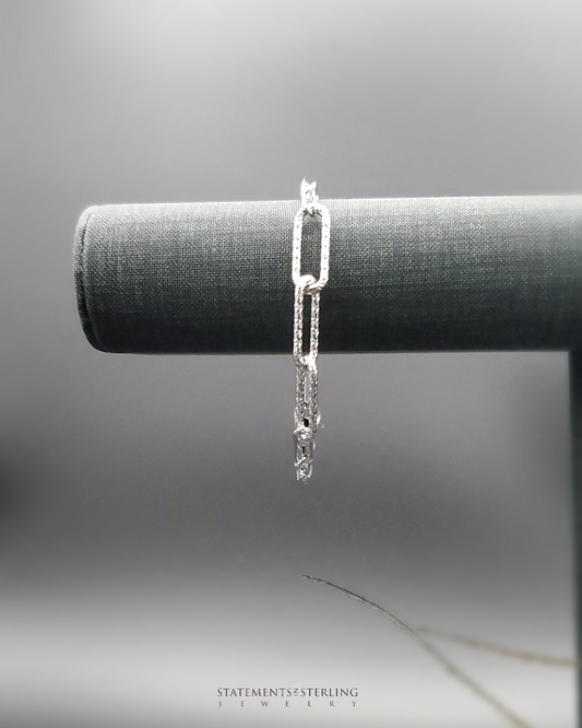 Sterling Silver Paperclip Link Diamond Cut Bracelet in Rhodium
