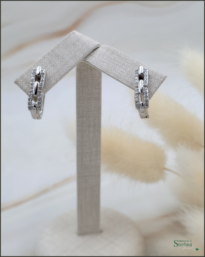 Sterling Silver Paperclip Link Sparkle Earrings in Rhodium