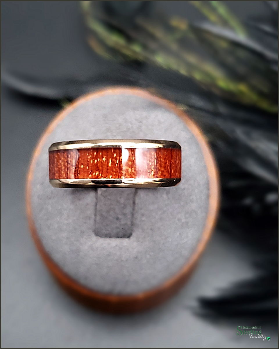 Bubinga Wood Inlay Ring Band in Stainless Steel and Rose Gold