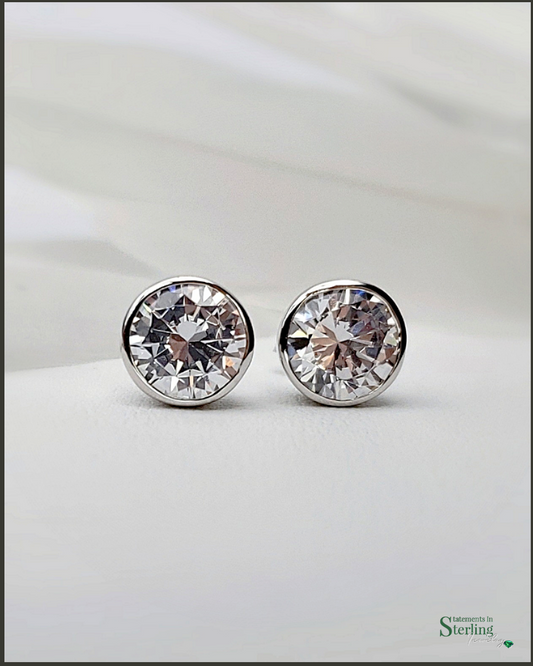 Sterling Silver Round Cubic Zirconia Stud Earrings in Silver