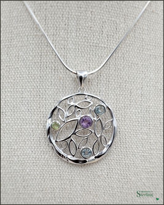 Multi Gemstone Sterling Silver Circle  Pendant