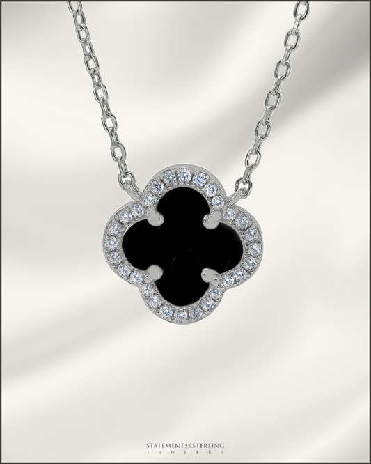 Sterling Silver Clover Necklace in Black Agate and Rhodium