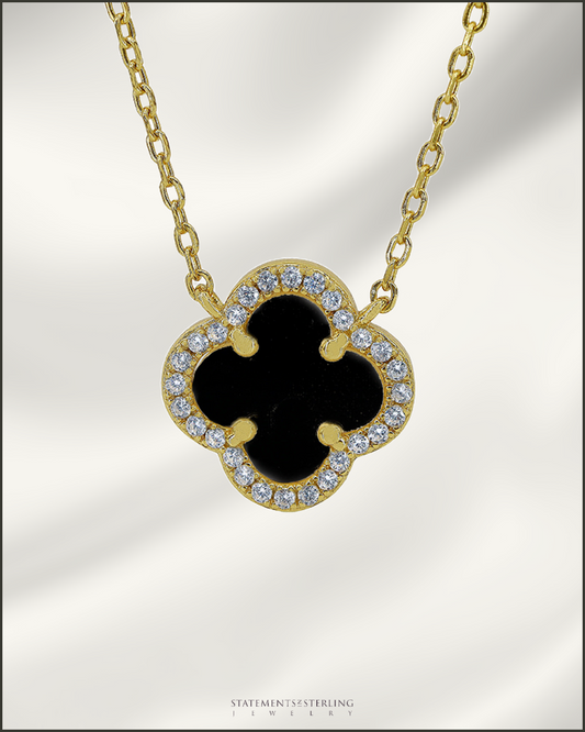 Sterling Silver Clover Necklace in Black Agate and 14k Gold Vermeil