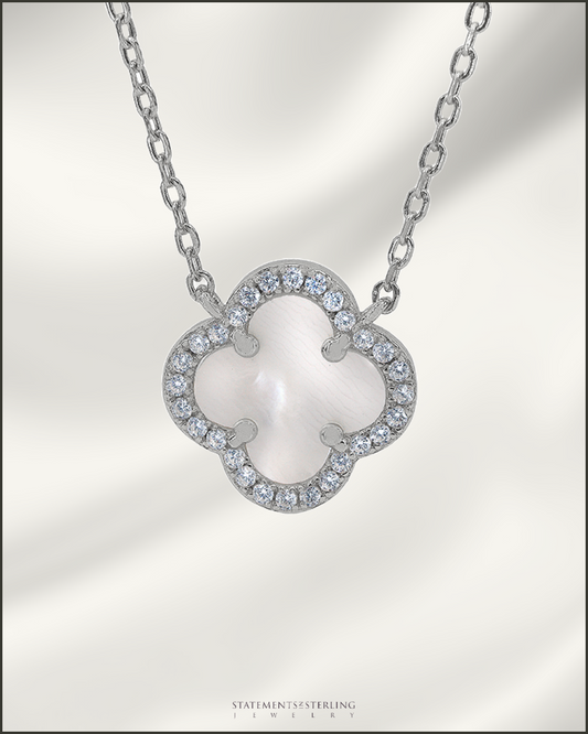 Sterling Silver Clover Necklace in Mother of Pearl and Rhodium