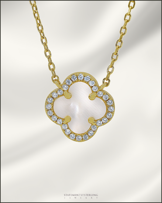 Sterling Silver Clover Necklace in Mother of Pearl and 14k Gold Vermeil