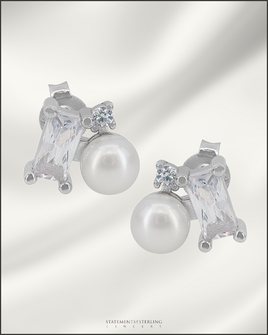 Sterling Silver Pearl and Cubic Zirconia Earrings
