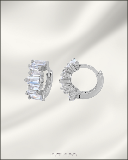 Sterling Silver Modern Hoop Earrings with Cubic Zirconia in Rhodium