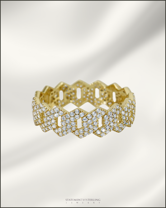 Sterling Silver Men's Miami Cuban Ring with Cubic Zirconia in Gold