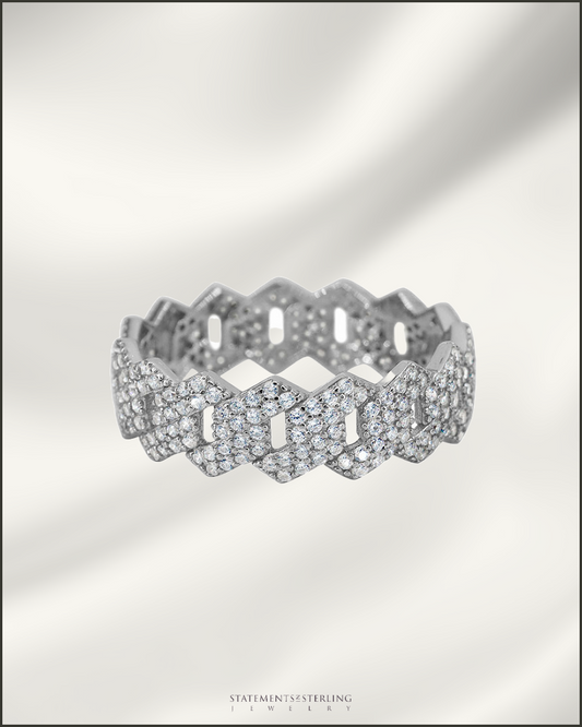 Sterling Silver Men's Miami Cuban Ring with Cubic Zirconia in Rhodium
