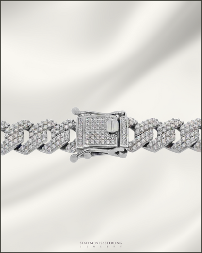 Italian Sterling Silver Miami Cuban Chain with Cubic Zirconia in Rhodium - 12mm