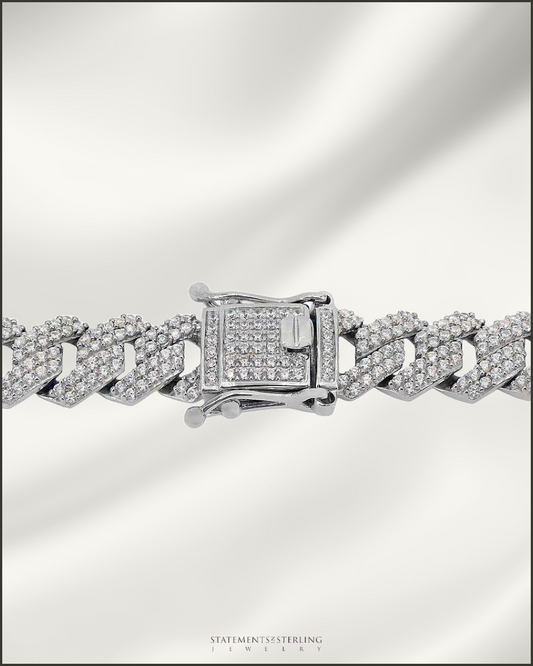 Italian Sterling Silver Miami Cuban Chain with Cubic Zirconia in Rhodium - 12mm