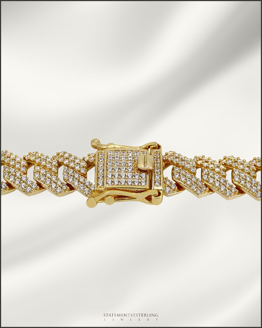 Italian Sterling Silver Miami Cuban Chain with Cubic Zirconia in 14k Gold Vermeil - 8mm