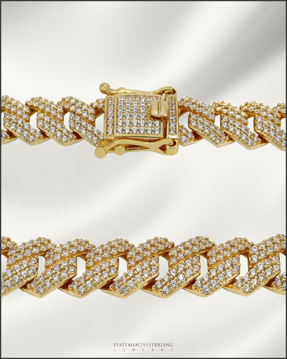 Italian Sterling Silver Miami Cuban Chain with Cubic Zirconia in 14k Gold Vermeil - 10mm