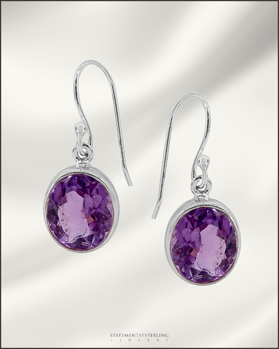 Gemstone and Sterling Silver Oval Earrings in Amethyst